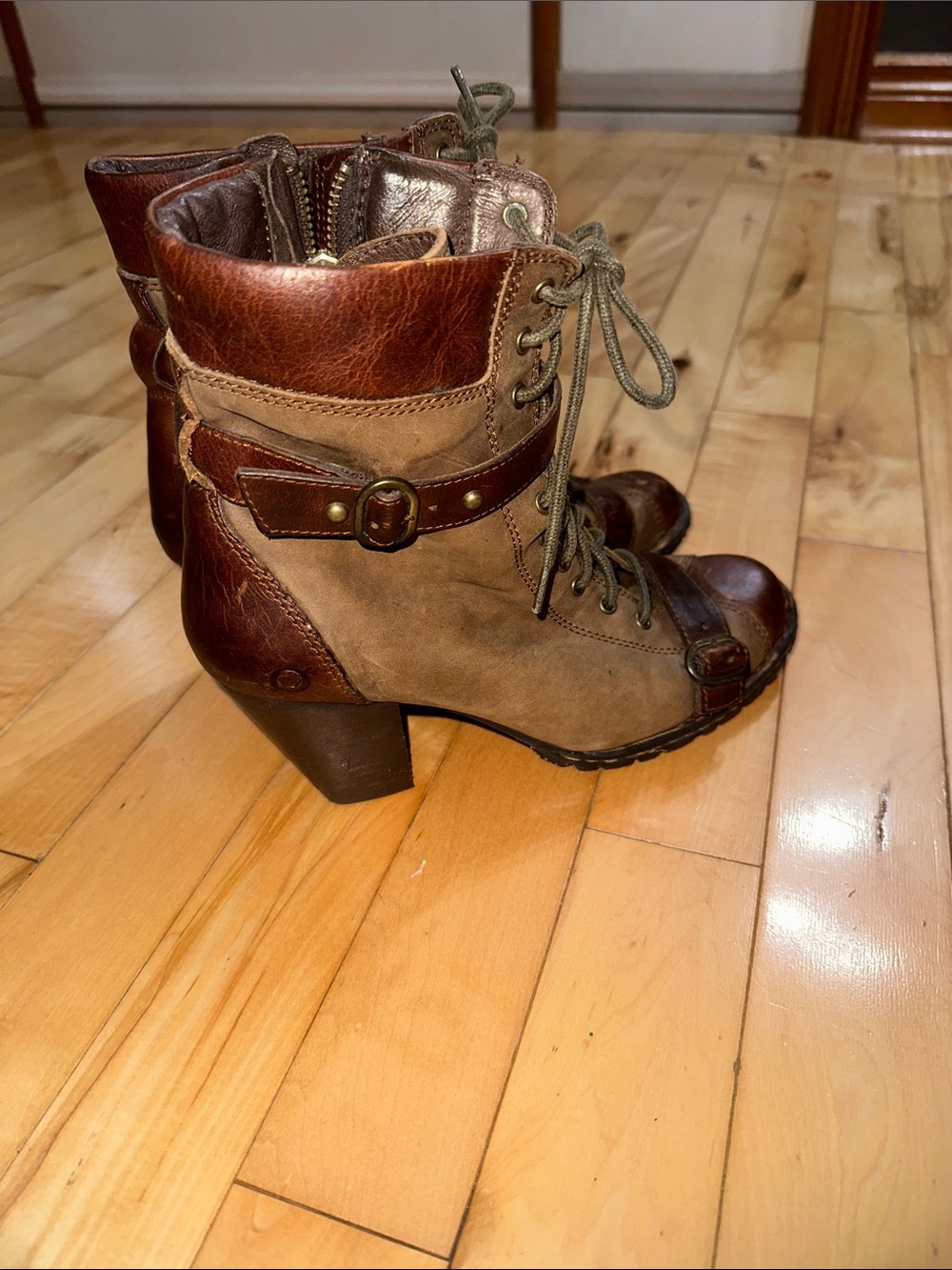 Born Brown Lace-Up Chunky Heel Ankle Boots with Strap Detail - Picture 3 of 12